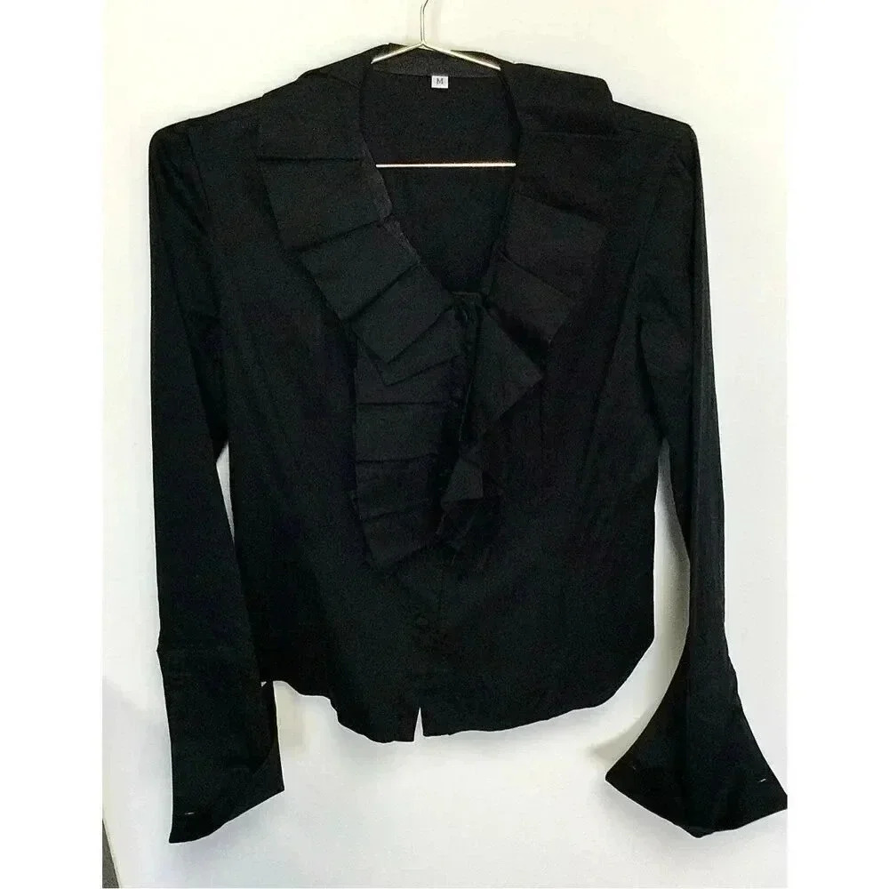 Womens Black Ruffle Trim Curved Hem Button‎ Front Long Sleeve Blouse Size Medium